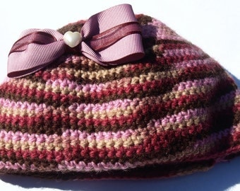 purple, pink, brown 100% wool crocheted baby hat with bow