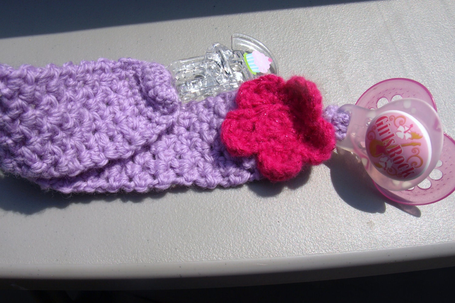 crocheted binky clip- baby needs, pacifier holder