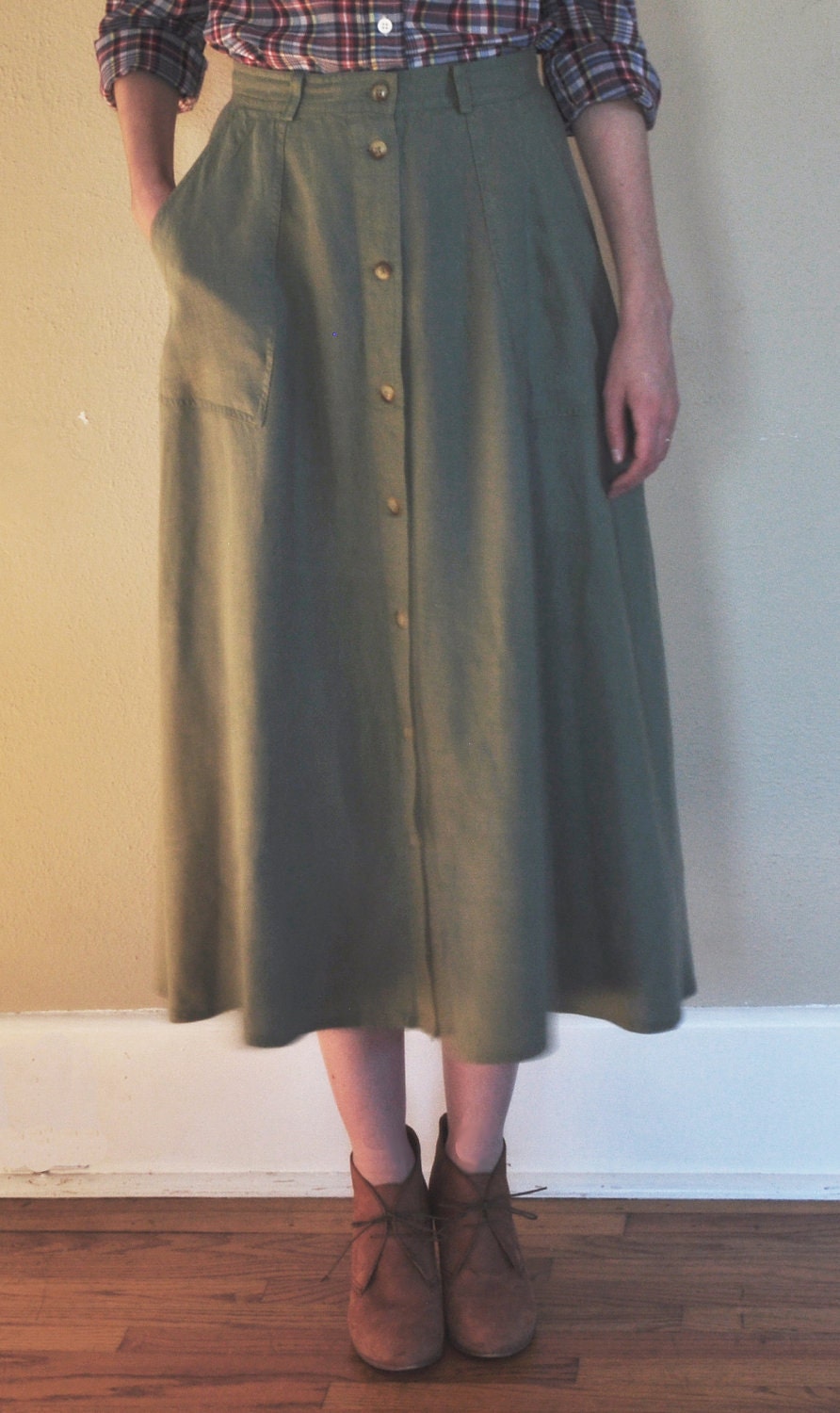 Sage Green Long Linen Button-up Skirt Small