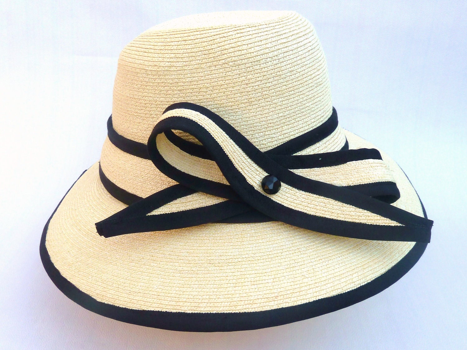 Womens Hat- Millinery Hat- Natural Straw Braid Wide Brim Hat With Black Grosgrain Trim