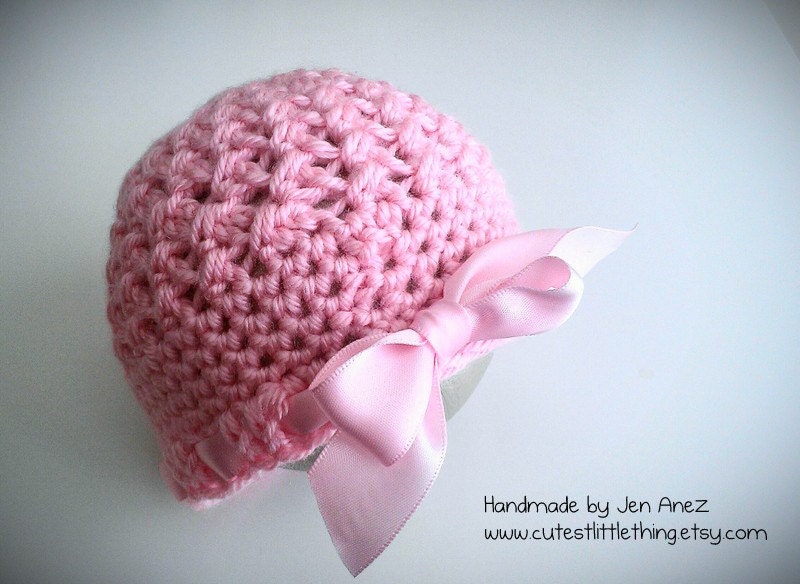 Baby Girl Hat, Crochet Baby Girl Hat with Pink Bow, Baby Girl Newborn Photo Prop