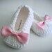 White Crochet Baby Booties, Christening, Baptism, Pink Bow Crochet Booties, Baby Girl Booties
