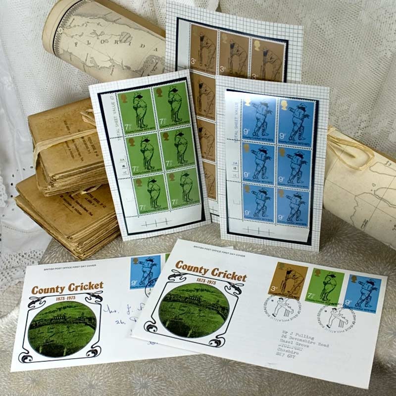 24 Vintage British Stamps County Cricket Theme and 2 First Day Covers