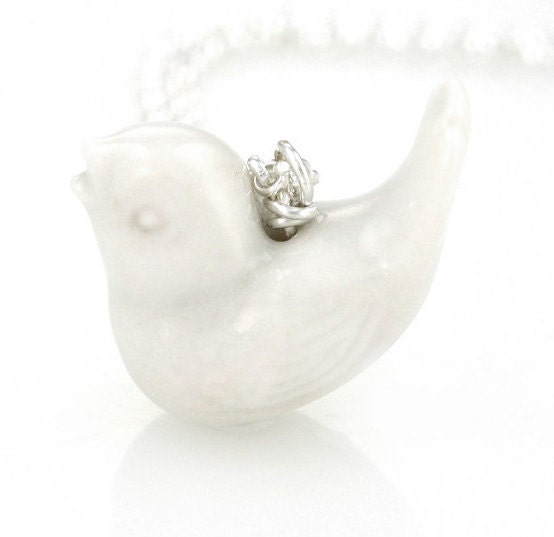 Tiny birdie necklace, handmade porcelain charm on silver chain