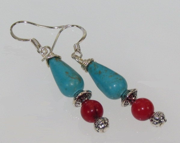 Blue Magnesite Teardrop and Red Bamboo Coral Silver Plated Earrings
