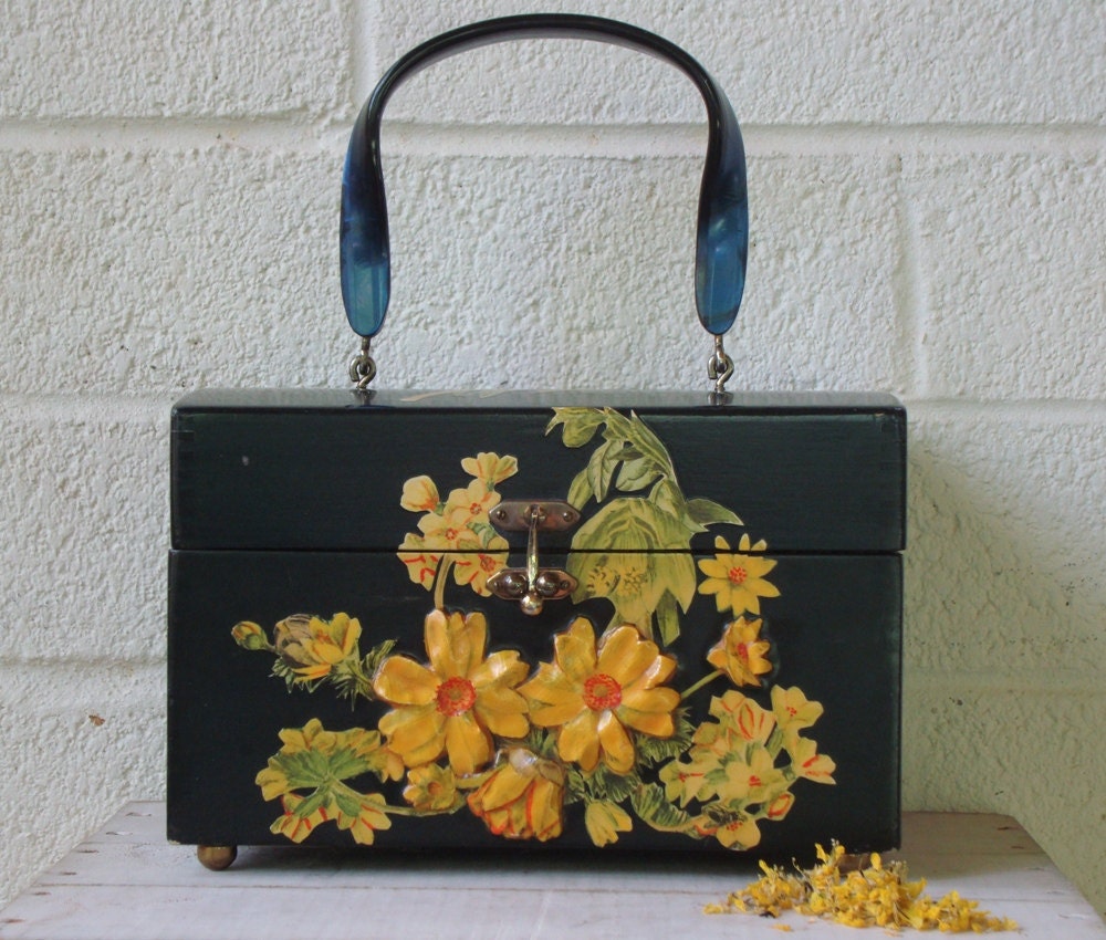 Vintage Carved & Painted WOOD HANDBAG with DECOUPAGE Flowers- Black and Marigold