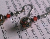 Black and red glitter glass beaded dangle earrings with swarovski crystal beads