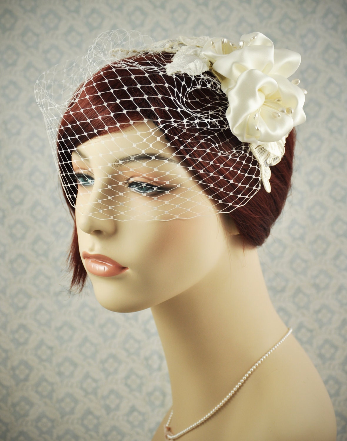Birdcage Veil - ivory blusher veil with flower and lace, vintage style wedding veil