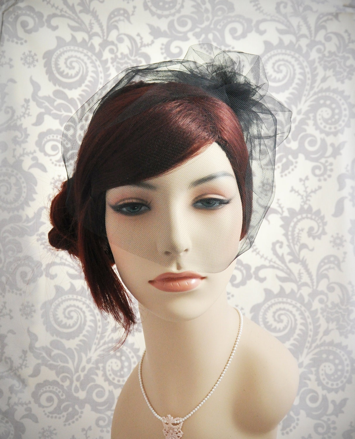 Black Veil - Black Birdcage Veil - Black Wedding Veil with pouf -- Also in white, off-white, ivory, champagne, or blush pink
