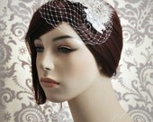 Birdcage veil, Blusher Veil with Lace, Swarovski Rhinestones and Feathers.