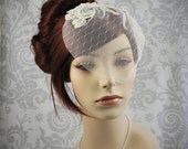 Vintage Style Veil - Ivory Birdcage Veil with point d esprit, and hand beaded lace, small veil, polka dot veil with lace and pearls