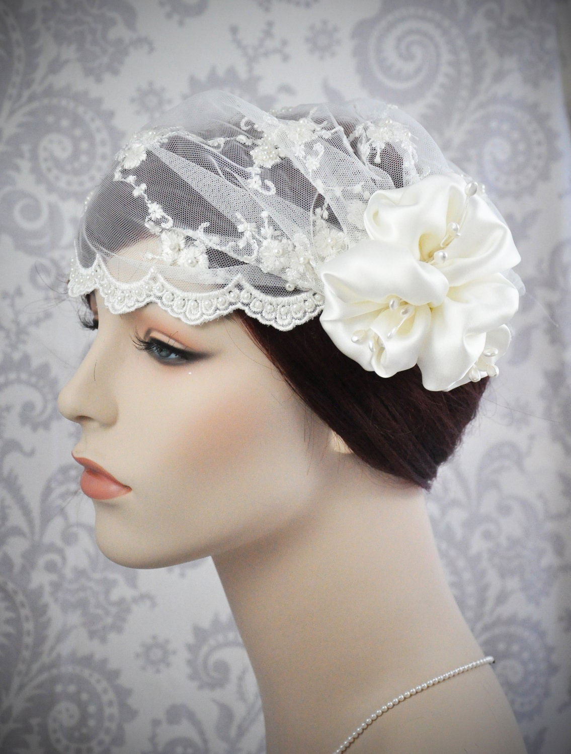 Bridal Cap - Veil Juliet Cap ivory lace with silk charmeuse flowers and vintage stamens - ivory or white