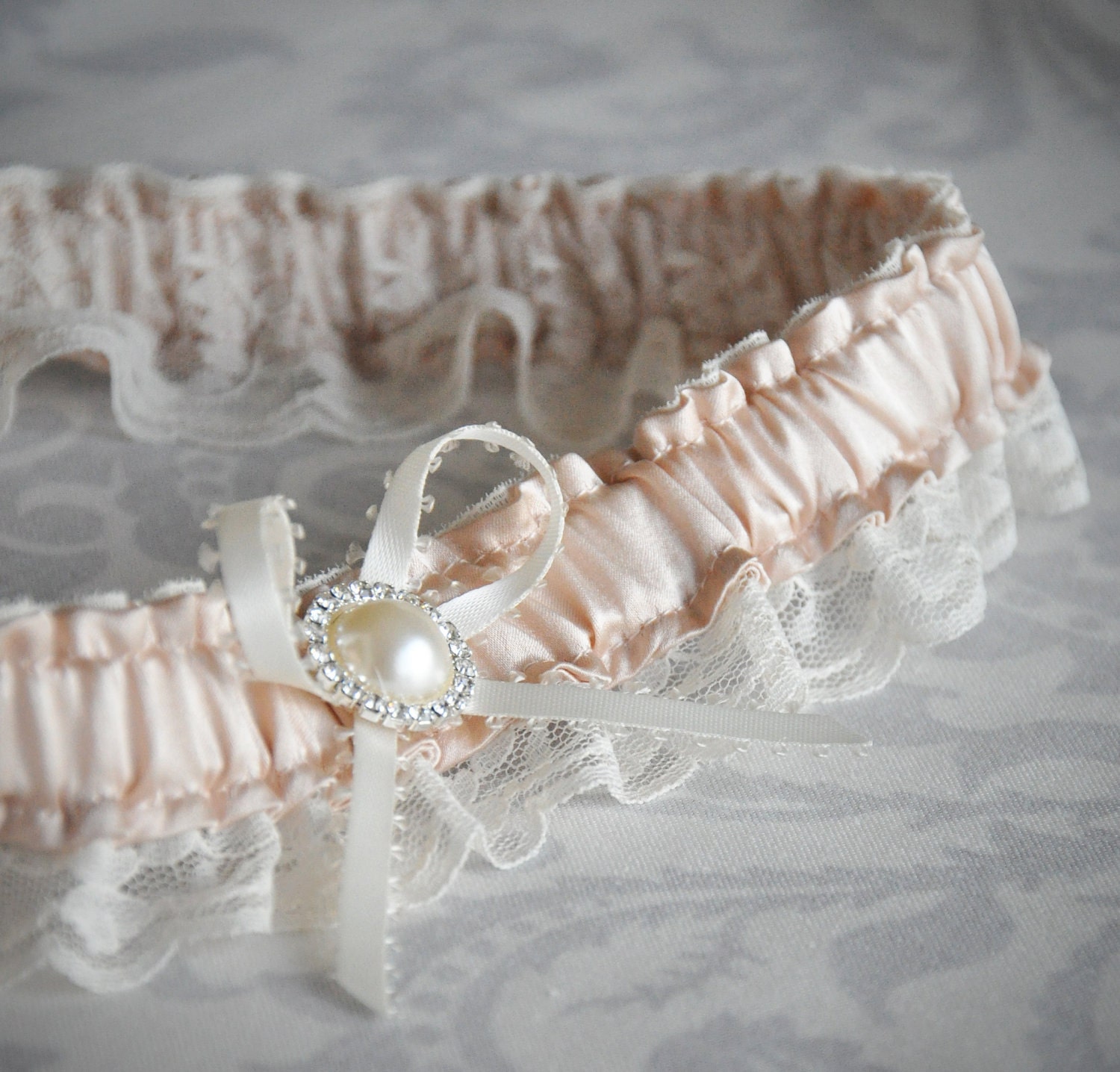 Blush Pink and Ivory Garter - Vintage Pink Silk Charmeuse Garter with pearl and rhinestone button