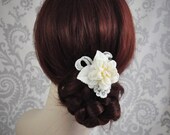 Ivory Bridal Flower - Bridal Hair Piece with lace, velvet leaves and flower - Ivory Bridal Fascinator, Bridal Hair Flower