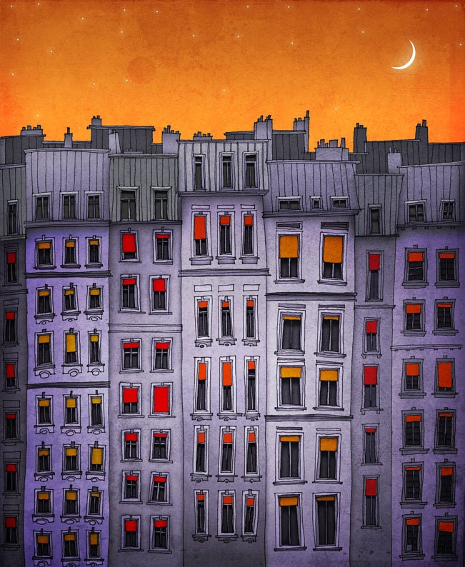 Paris - Sleepy houses - Paris illustration - Art print - Paris art illustration - Paris decor - orange, purple, moon, facade, France, French