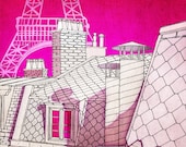 Paris rooftops - Paris illustration,Eiffel tower,Paris art illustration print,Art,Paris decor,Pink,illustration,France,Paris,5x7 art