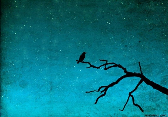 Illustration - And then... only the silence remains - Love illustration, Blue Art print, Art Posters, Wall art , Love, stairs, sky, bird