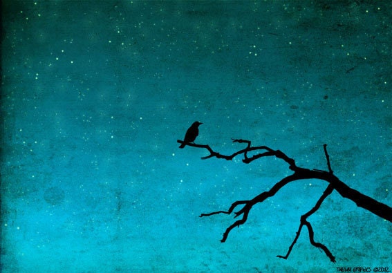 Illustration - And then... only the silence remains - Love illustration, Blue Art print, Art Posters, Wall art , Love, stairs, sky, bird