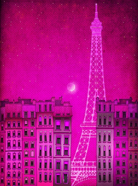Paris illustration - The lights of the Eiffel tower, pink- Fine art illustration, Art print, Art Posters, Paris art, Paris decor, Wall decor