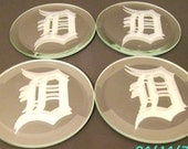 Set of 4 Glass Mirror Detroit Tigers Old English D Etched Coasters