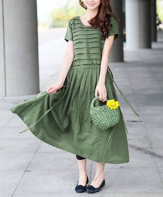 Olive Green Linen Dress/ Tiered Bridesmaid Dress Sundress - Made to order - camelliatune