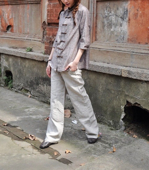 Linen Pants/ Wide Leg Beige Trousers