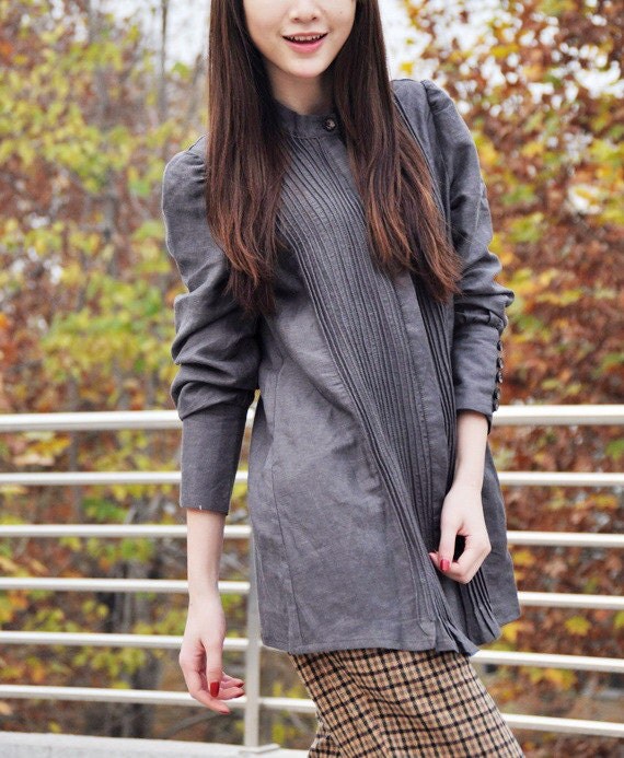 Pleated Linen Shirt Top in Grey / Formal Shirt Dress - Custom Made