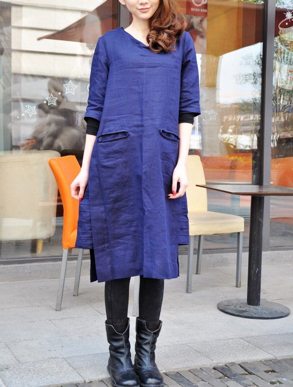 Linen Long Dress Gown in Blue/ Pleated Sundress- Made to order