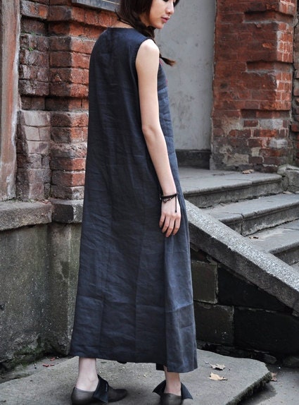 Linen Blue Summer Dress / Long Pleated Maxi Dress Gown - Custom Made