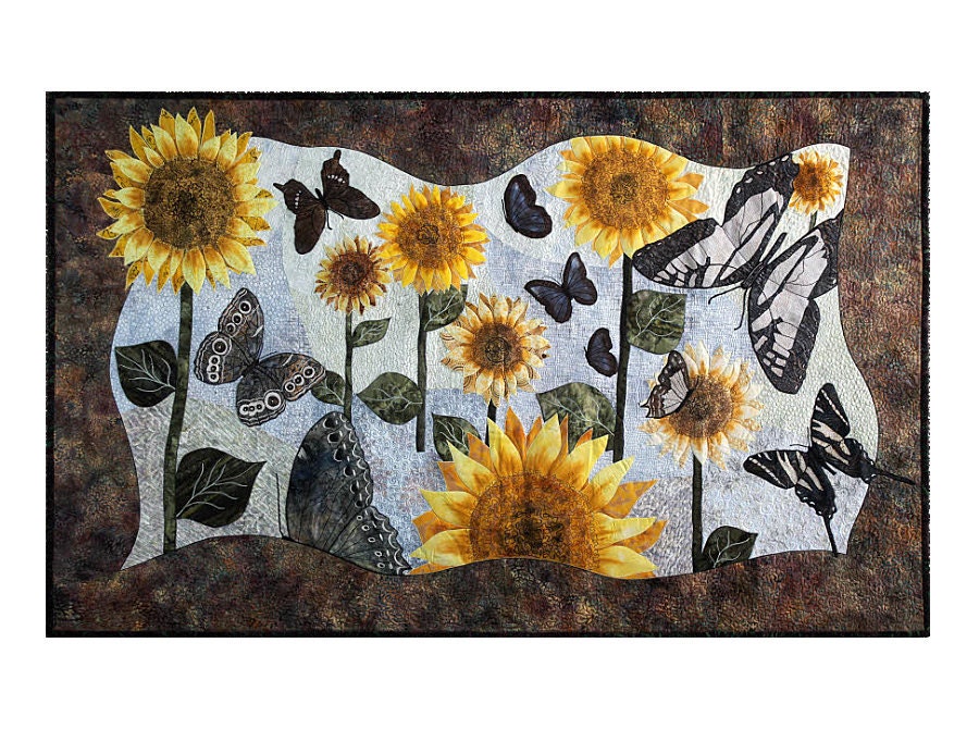 Sunflower  Butterflies  Wall Hanging Quilt  Mixed Media Art