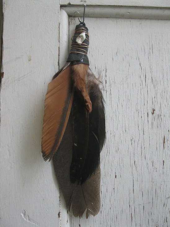 tribal real mink foot and natural feathers with white howlite earring single