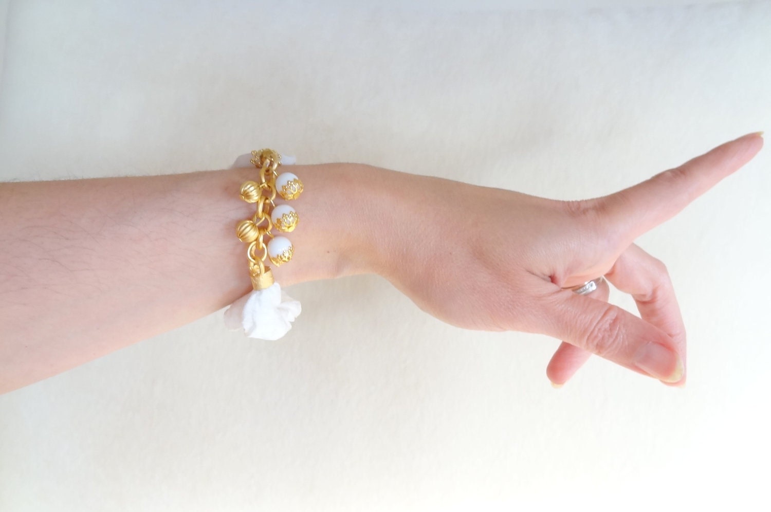 Wedding Bracelet -White Silk, gold-plated Bracelet -White mother of pearl bracelet