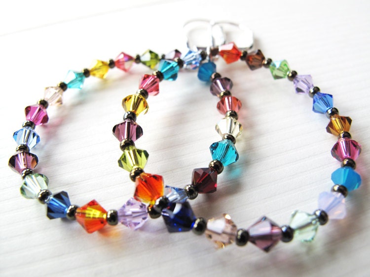 Swarovski crystal hoops dangle earrings - colorful rainbow spring - large hoops - big crystal hoops