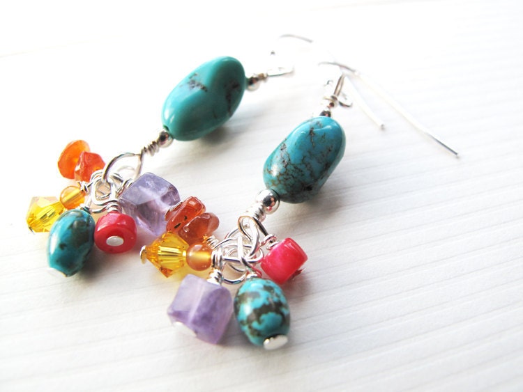 Natural turquoise cluster earrings. Swarovski crystal & gemstones dangle. Rainbow multicolor carnival.