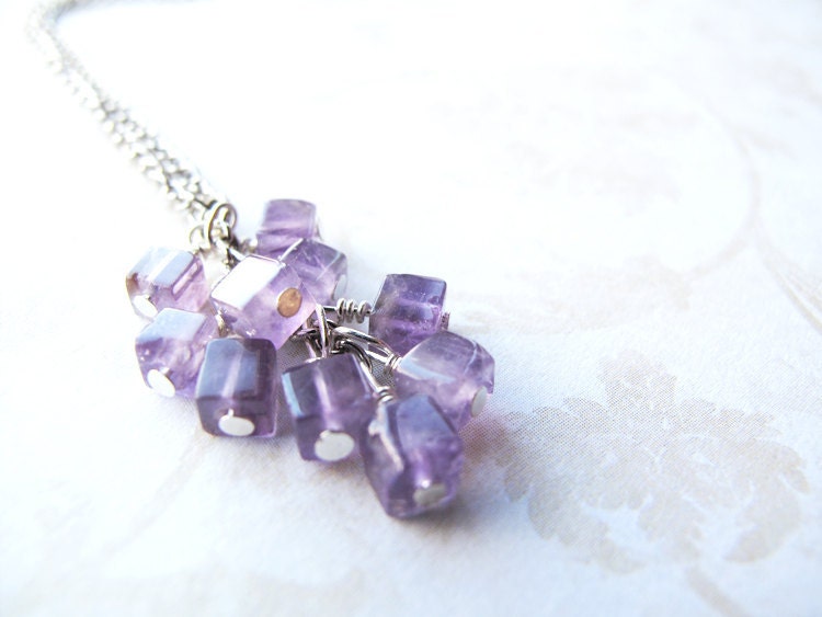 Amethyst cluster necklace. Lilac pastel lavender. Natural gemstone. February birthstone.  Mothers birthday gift.