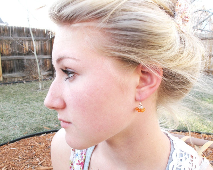 Orange cluster earrings. Apricot. Natural jade gemstone. Teen girl gift. Fashion jewelry. Wire wrapped.