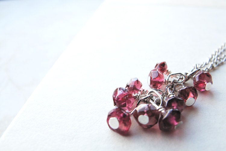Spring fashion cluster necklace - red cherry blossom - natural gemstone - wire wrapped - january brithstone