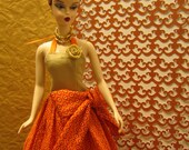 Barbie Dress And Necklace, Orange and Tan Big Bow Dress Handmade With Gold Glass Beaded Necklace