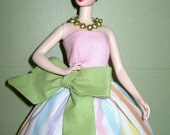 Barbie Dress And Necklace.  Pink Big Bow Dress Has Multi Stripe Skirt With Large Green Bow Handmade, Green Pearl  Necklace