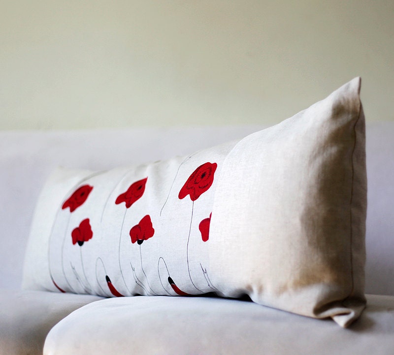 Lumbar pillow cover - throw - outdoors pillows - bolster - red poppies -14x36