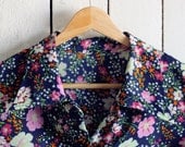 Large Collar Flower Printed Dark Blue Vintage Shirt