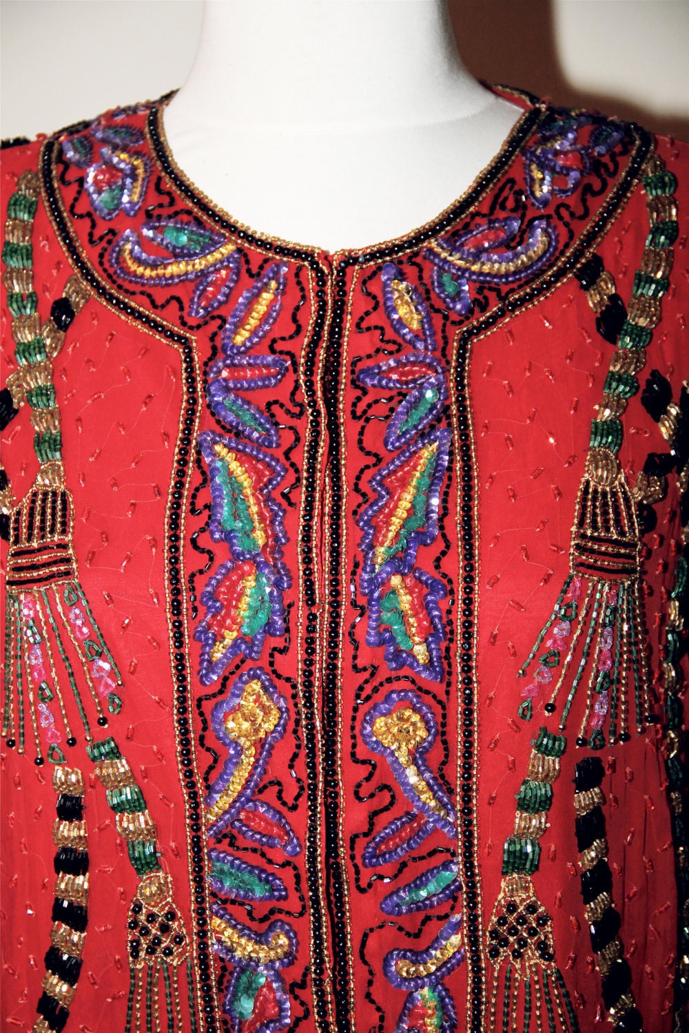 Red Beaded Jacket with Multicolor Beaded Design