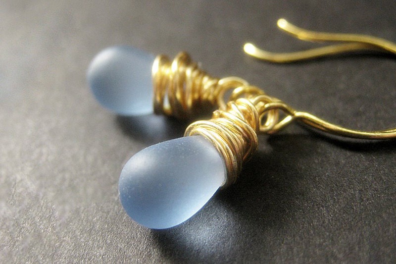 14K GOLD Wire Wrapped Earrings - Baby Blue Frosted Glass Teardrop Earrings. Handmade Jewelry.