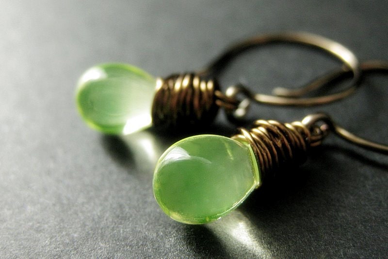 BRONZE Earrings - Lemon Green Drop Dangle Earrings, Wire Wrapped Earrings. Dangle Earrings. Handmade Jewelry.