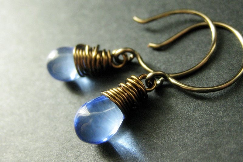 BRONZE Earrings - Baby Blue Earrings with Glass Teardrops, Wire Wrapped Handmade Earrings. Handmade Jewelry.