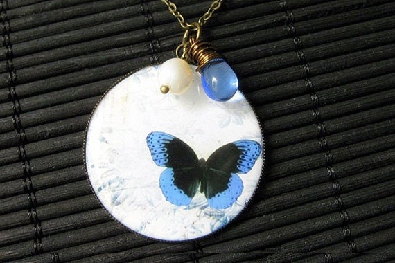 Blue Butterfly Necklace. Butterfly Pendant with Fresh Water Pearl and Blue Teardrop. Handmade Jewelry.