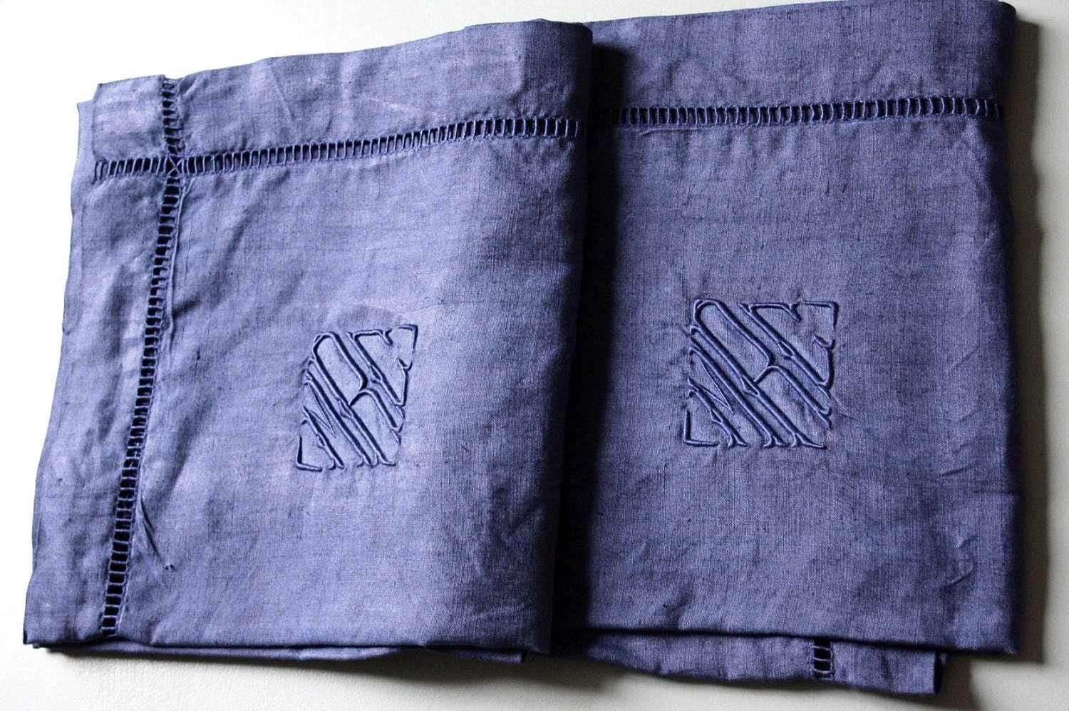 pair of french vintage linen cases, pillow cases, dyed in navy blue, hand embroidered monogram MRC
