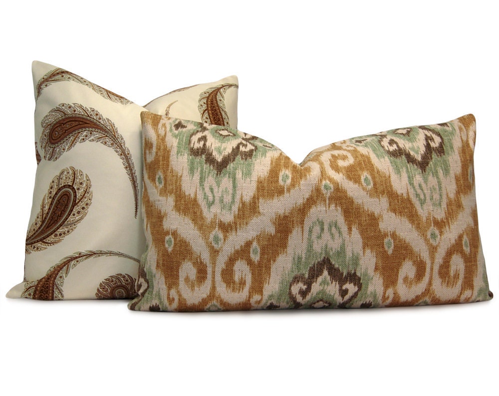 Iman Ikat Lumbar Pillow Cover in Sage, Camel, Charcoal and Beige - Ikat Decorative Pillow - Throw Pillow - Accent Pillow
