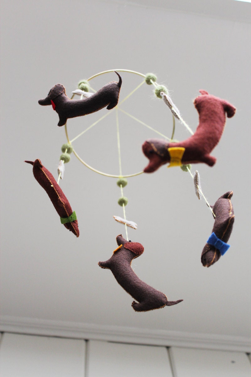Dressed Up Dachshund Mobile - hand sewn felt stuffed dogs with bow ties, decorative hanging mobile