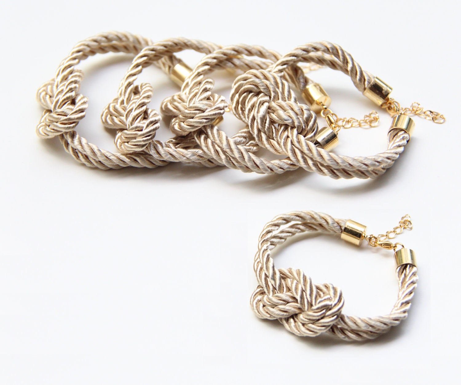 Set of 5: Bridesmaid Gift Set 5 -  Beige silk cord Knot Bracelet - 24k gold plated